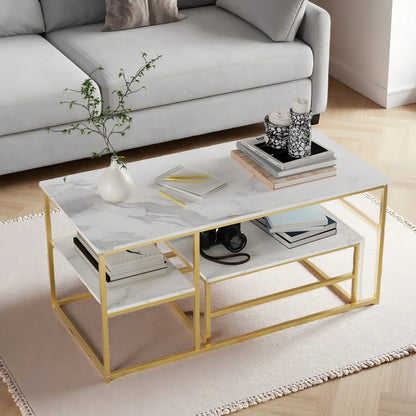 Table basse blanche et en bois avec étagères et cadre en acier 105x52x48.5 cm
