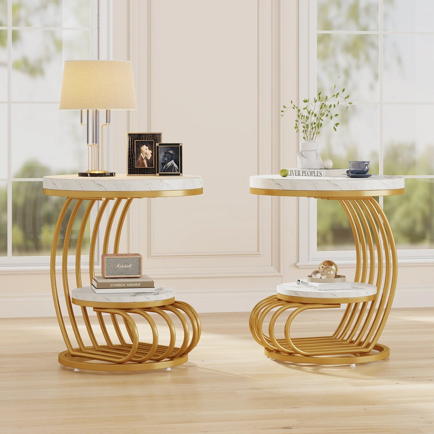 Table basse ronde en bois blanc marbre effet or 50 x 50 x 63 cm