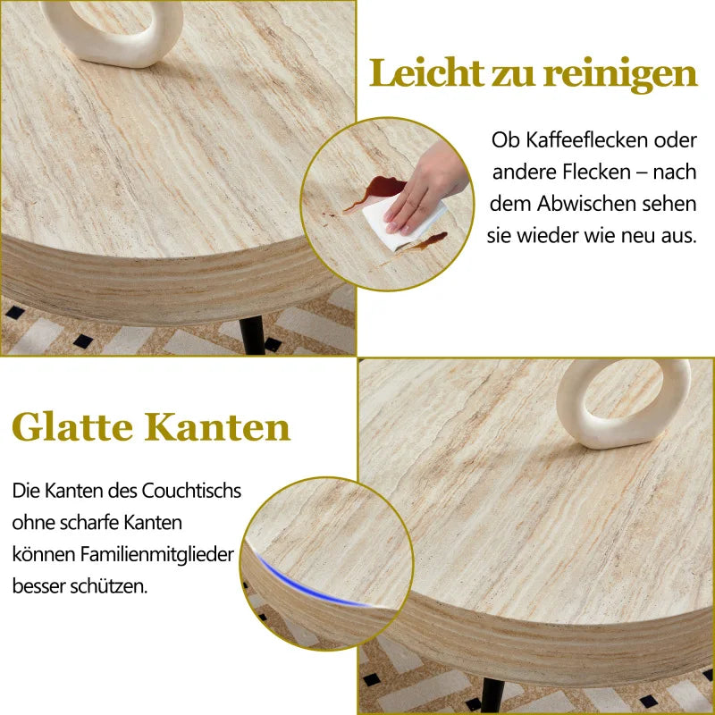 Table basse ronde en bois MDF effet travertin clair avec piètement métal noir 70 cm