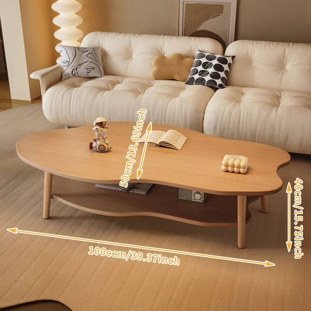 Table basse bois clair 100x50x40 cm avec rangement double niveau