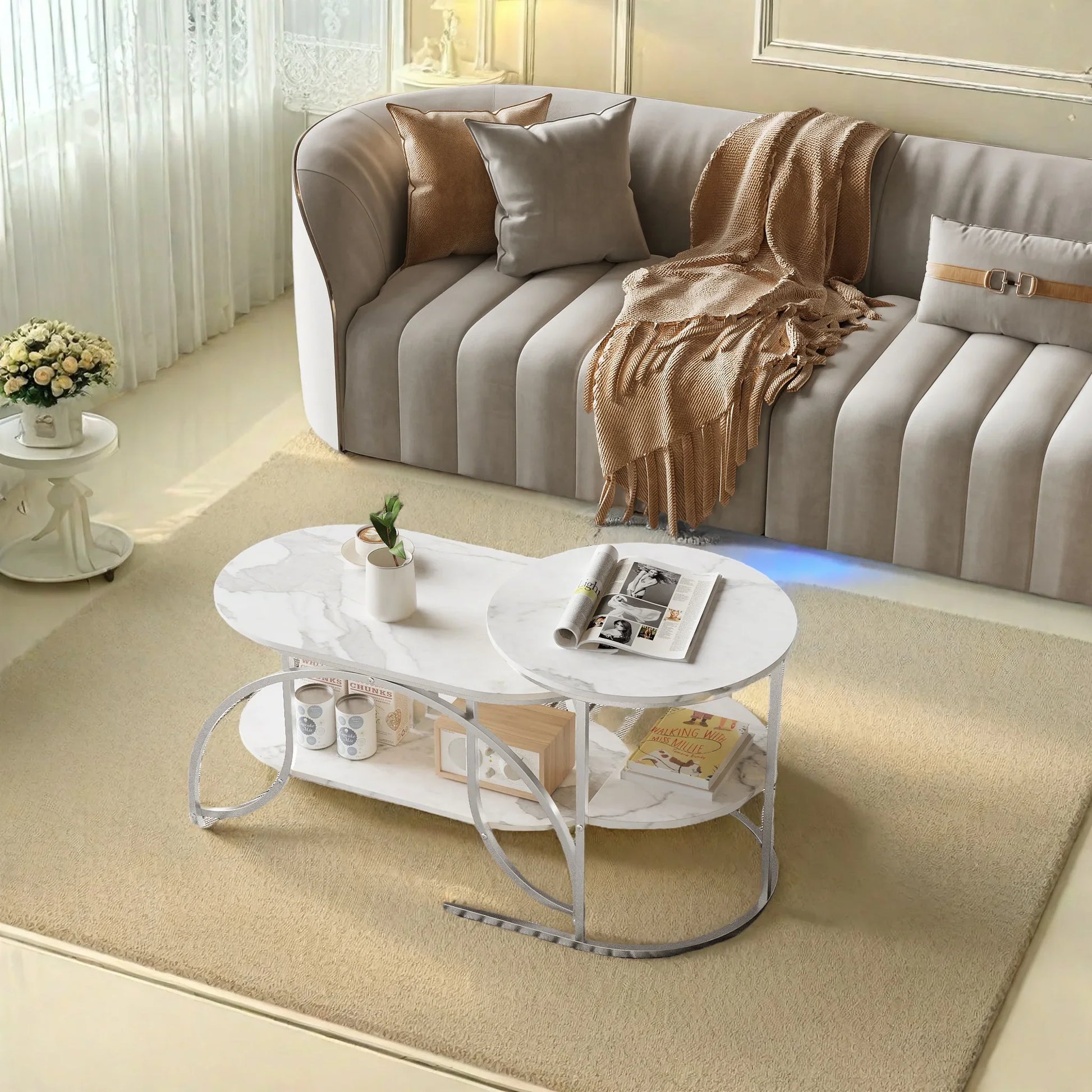 Table basse blanche et en bois 2 pièces gigognes 80x46x45 + 52x52x51 cm