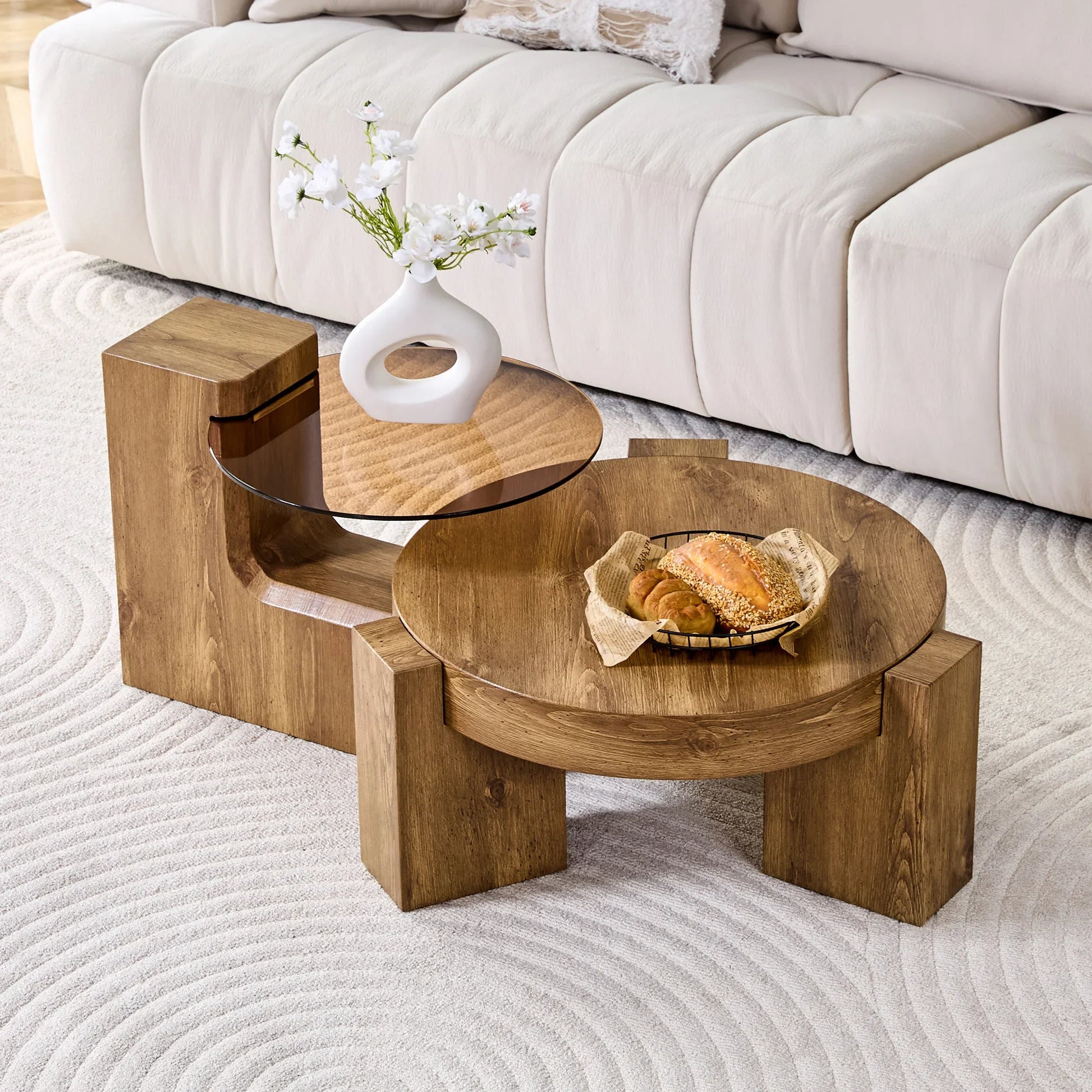 Table basse ronde en bois MDF et verre trempé teinté brun gigogne 2 pièces