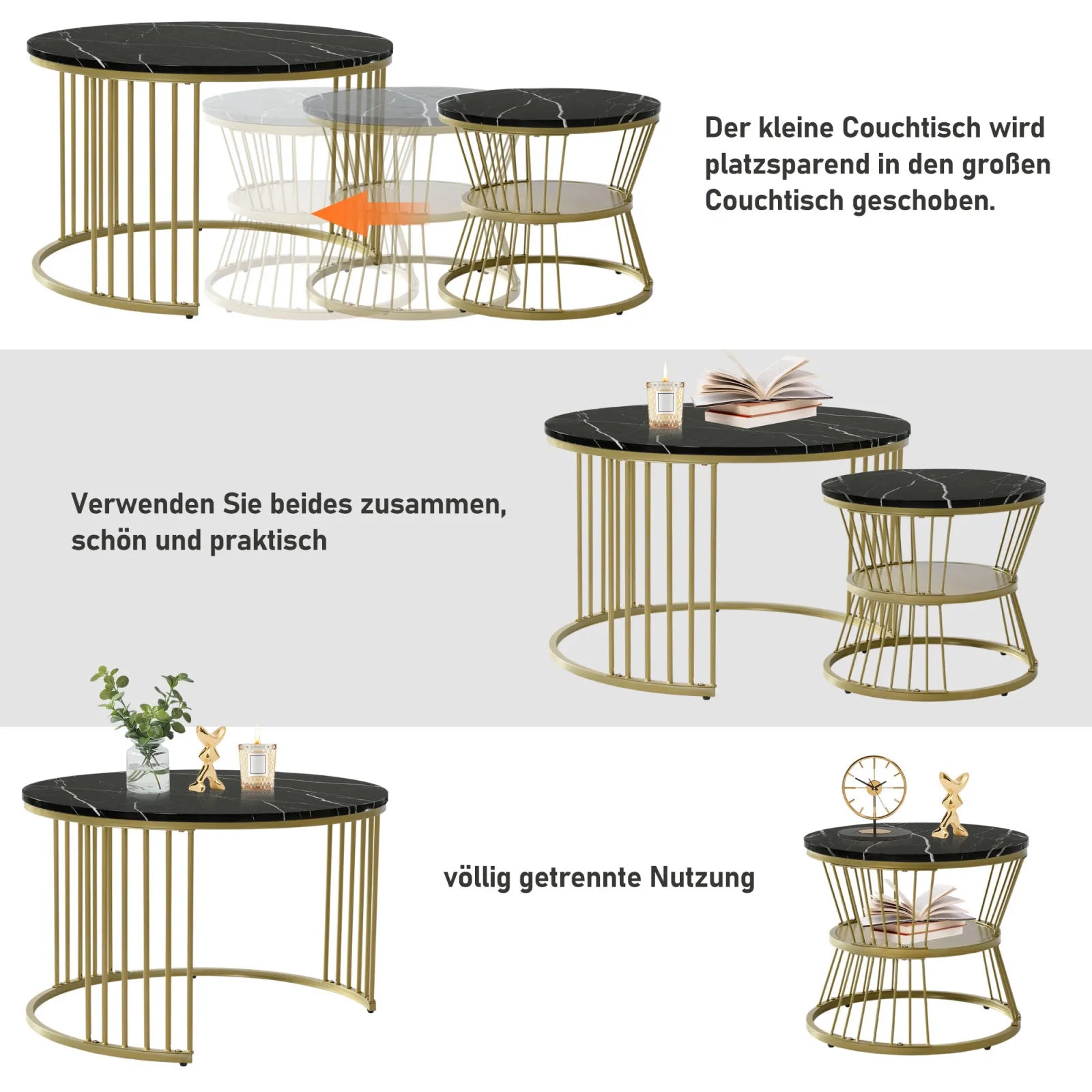 Table basse en bois et noir ronde avec plateau marbré effet brillant 70 x 70 x 45 cm