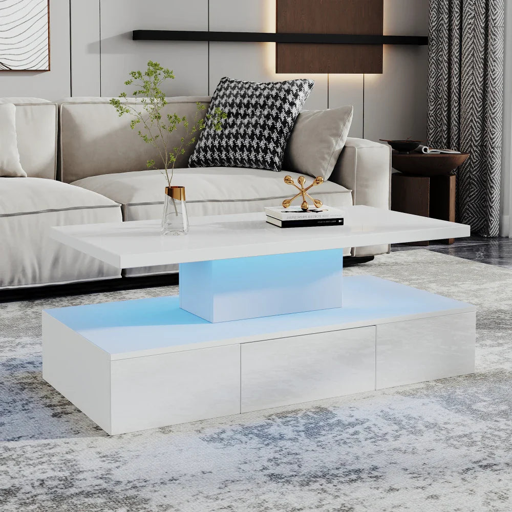 Table basse blanche et en bois rectangulaire avec LED et tiroir 100x50x39 cm