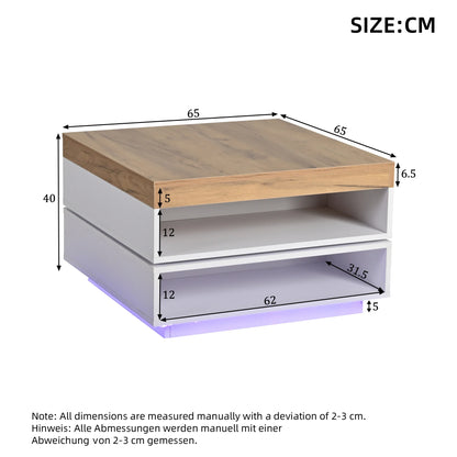 Table basse blanche et en bois carrée 65x65x40 cm avec plateau pivotant 360° et lumières LED