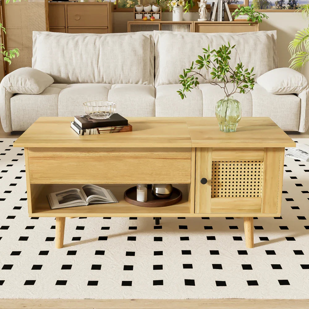 Table basse bois clair avec plateau relevable et portes en rotin 103x50x46 cm