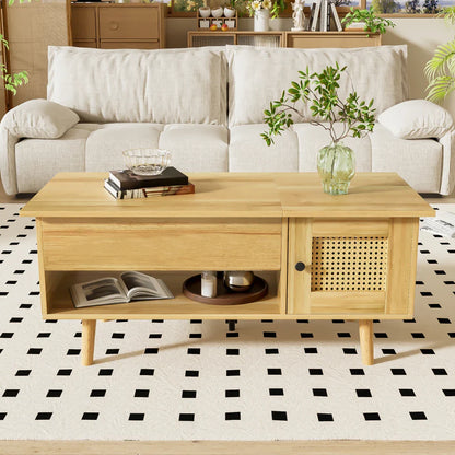 Table basse bois clair avec plateau relevable et portes en rotin 103x50x46 cm