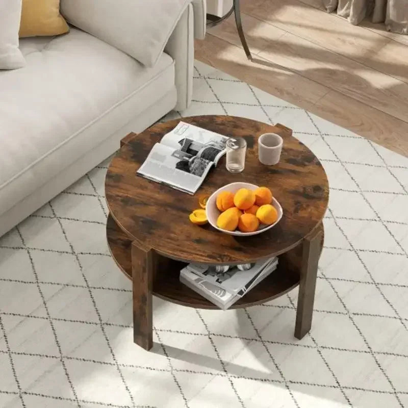 Table basse ronde en bois 2 niveaux avec 4 étagères marron rustique