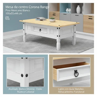 Table basse blanche et en bois de pin massif 100x55x44 cm