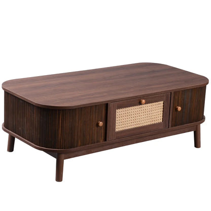 Table basse blanche et en bois avec tiroir en rotin et portes coulissantes 110 x 55 x 38,5 cm MDF