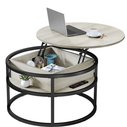 Table basse ronde en bois avec plateau relevable et rangement 80x80x47 cm