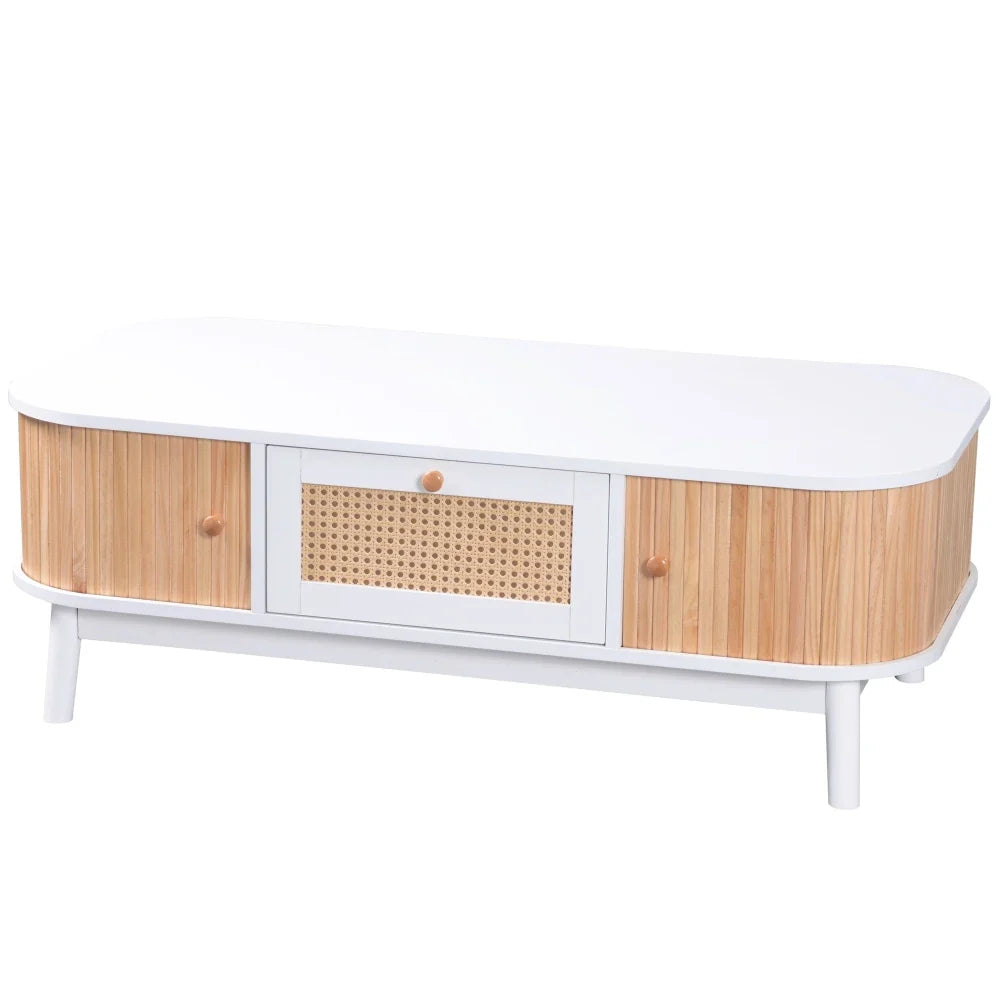 Table basse blanche et en bois avec tiroir en rotin et portes coulissantes 110 x 55 x 38,5 cm MDF