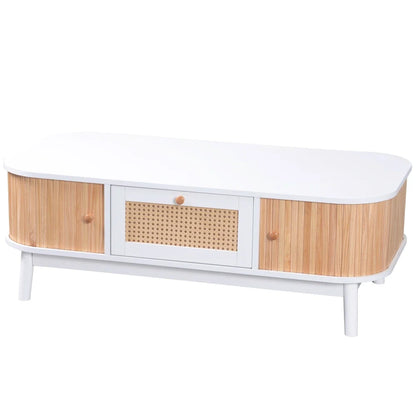 Table basse blanche et en bois avec tiroir en rotin et portes coulissantes 110 x 55 x 38,5 cm MDF
