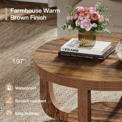 Table basse ronde en bois 2 niveaux avec rangement 80 cm