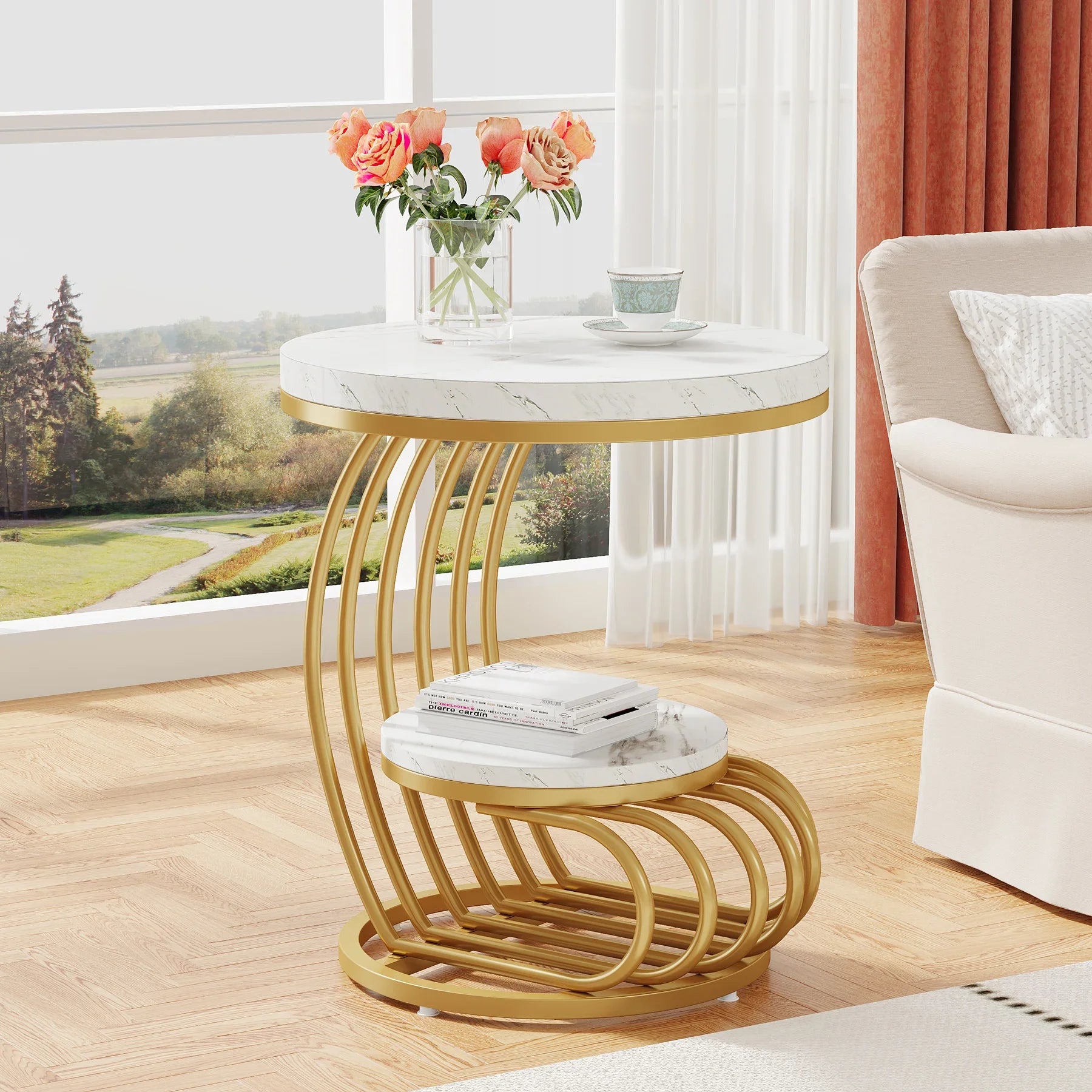 Table basse ronde en bois blanc marbre effet or 50 x 50 x 63 cm