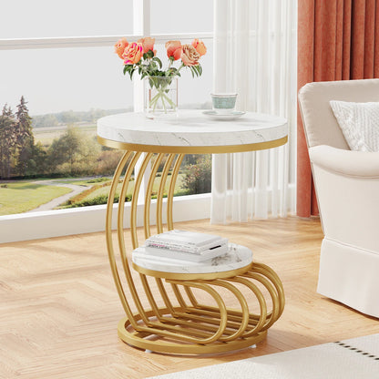 Table basse ronde en bois blanc marbre effet or 50 x 50 x 63 cm