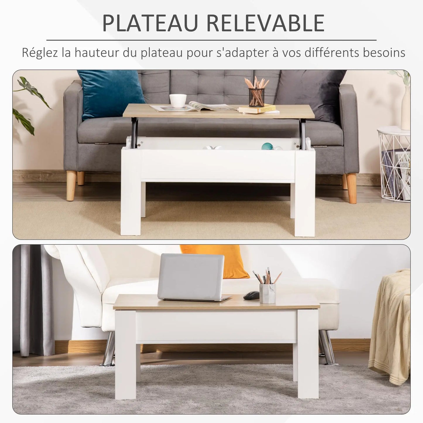 Table basse blanche et en bois réglable en hauteur avec compartiment caché 100x50x45-58.5 cm