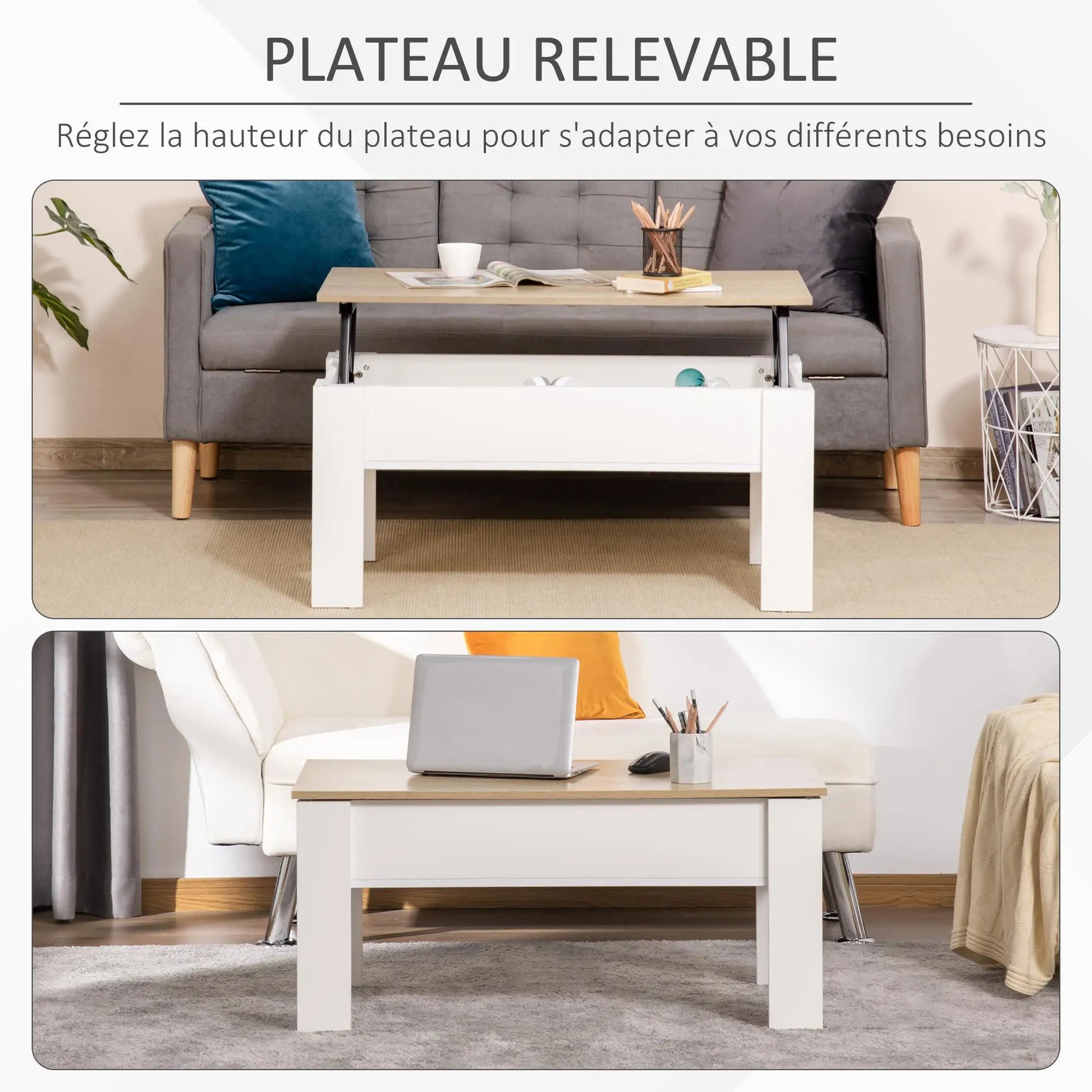 Table basse blanche et en bois réglable en hauteur avec compartiment caché 100x50x45-58.5 cm