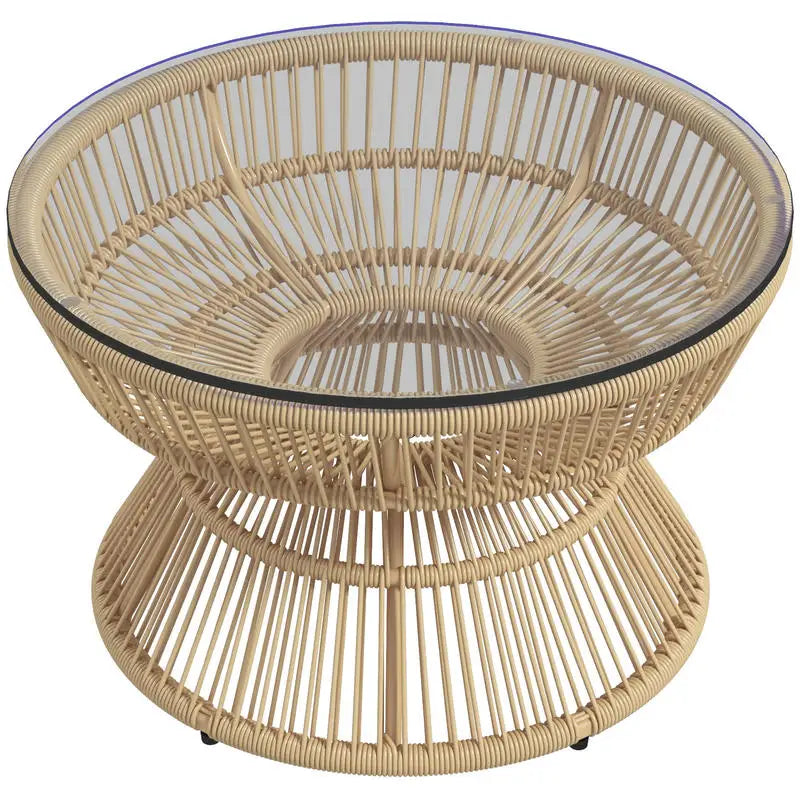 Table basse ronde en bois avec plateau verre trempé rotin synthétique