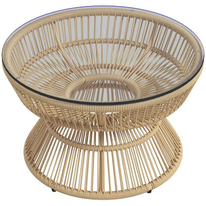 Table basse ronde en bois avec plateau verre trempé rotin synthétique