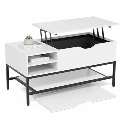 Table basse blanche et en bois avec plateau relevable et rangement caché
