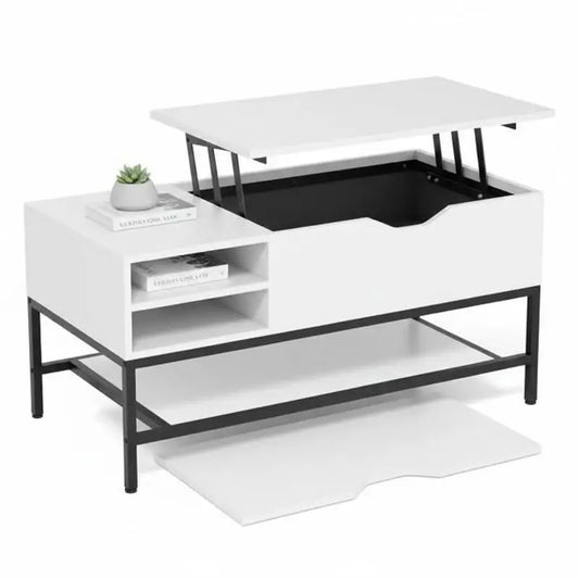 Table basse blanche et en bois avec plateau relevable et rangement caché