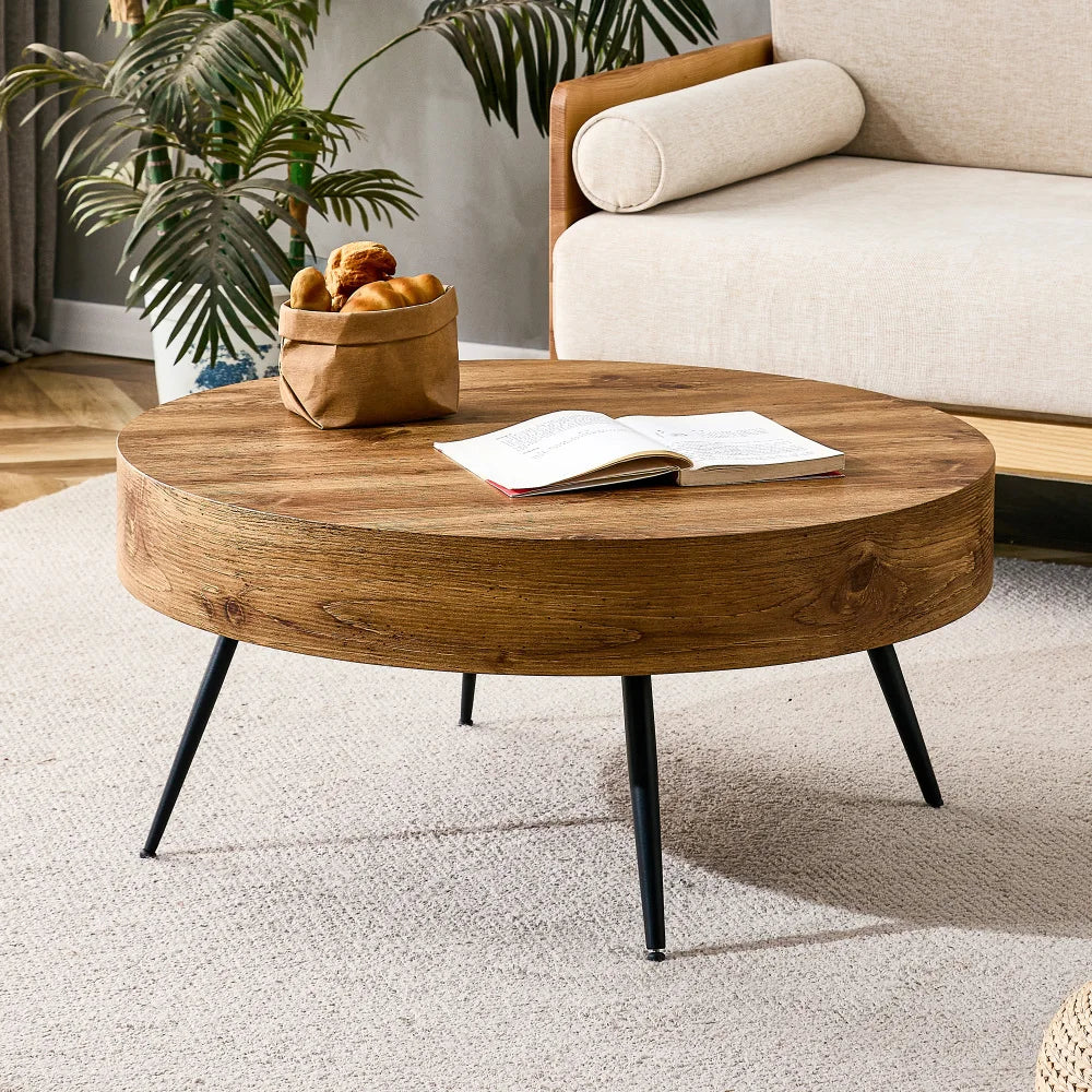 Table basse bois clair rond 70 cm pieds métal noir
