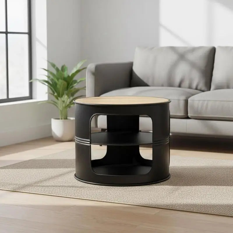 Table basse en bois et noir ronde 3 niveaux métal 50 kg