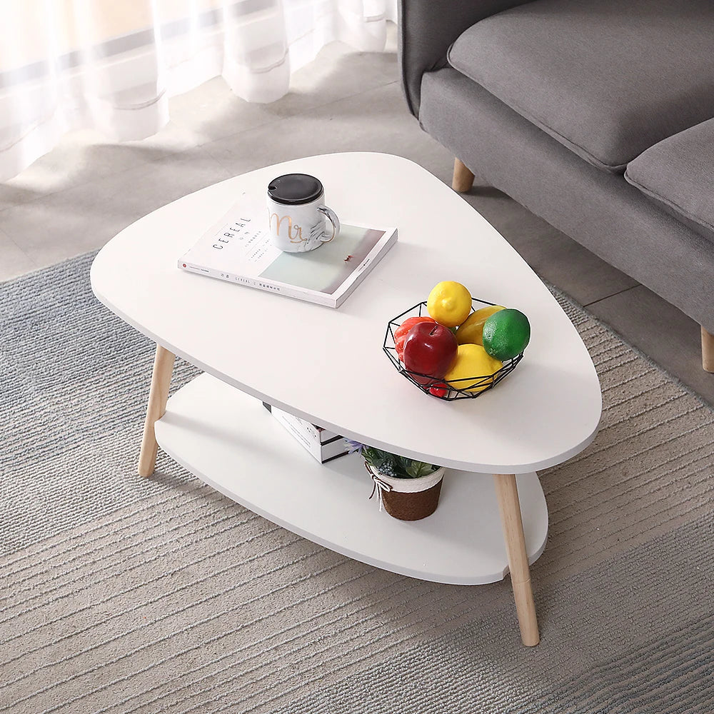 Table basse blanche et en bois ovale 2 niveaux 90x60x40 cm