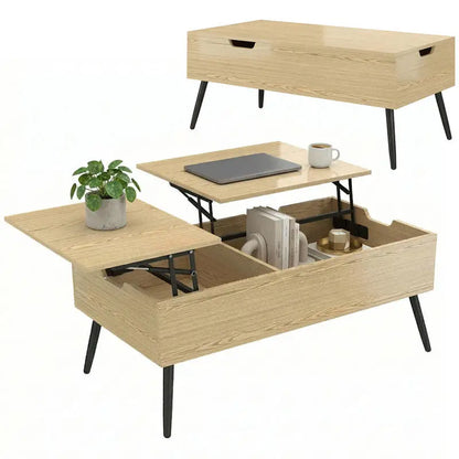 Table basse bois clair avec plateau relevable et rangement caché 70x70x29 cm