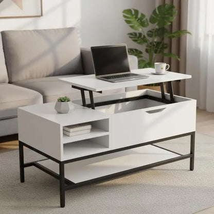 Table basse blanche et en bois avec plateau relevable et rangement caché