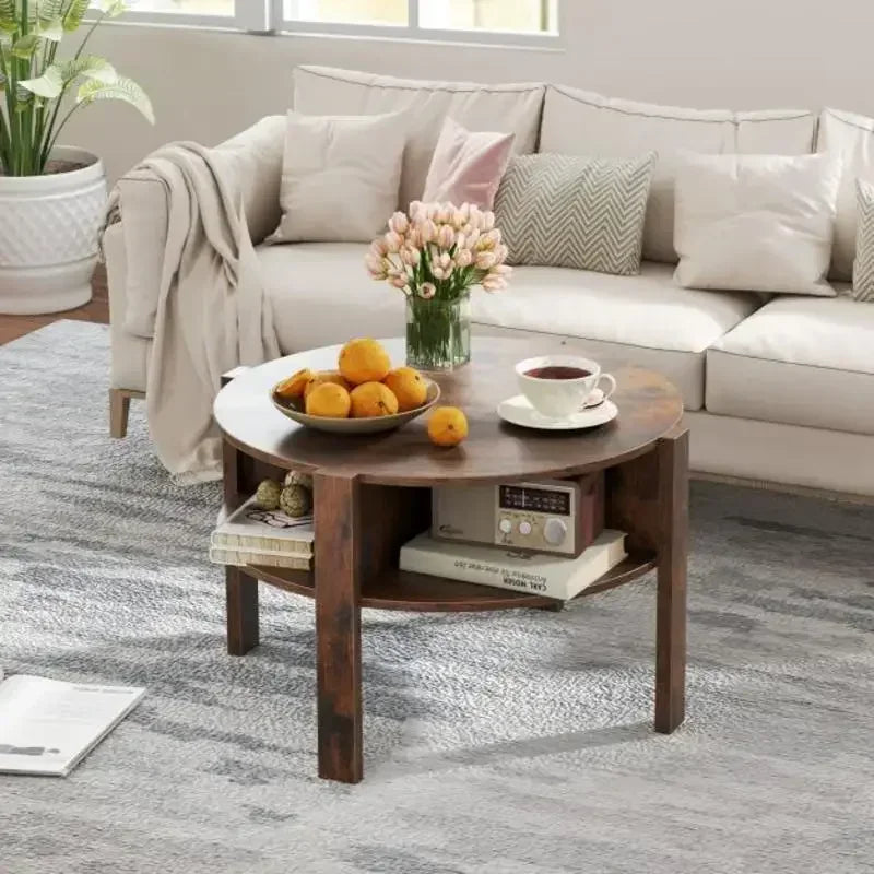 Table basse ronde en bois 2 niveaux avec 4 étagères marron rustique