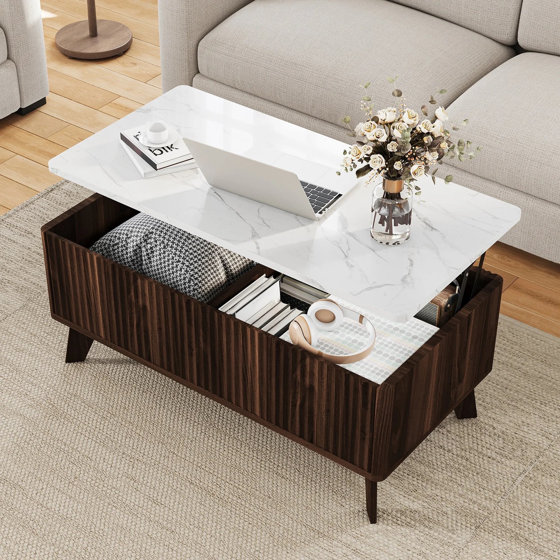 Table basse bois clair avec plateau relevable et rangement 105 x 84 x 42 cm
