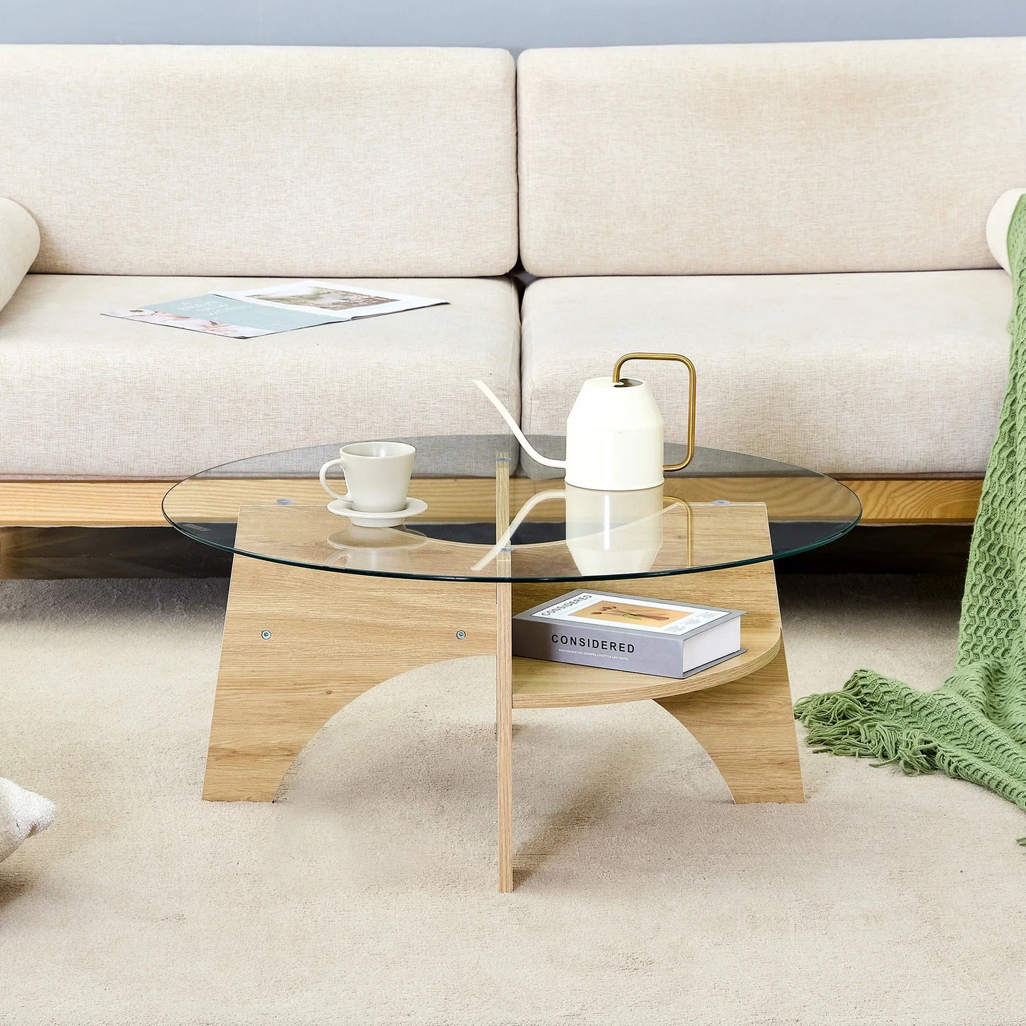 Table basse bois clair et verre transparent ronde 80 cm avec pieds éventail