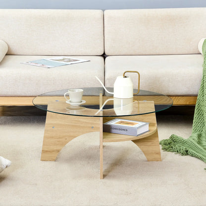 Table basse bois clair et verre transparent ronde 80 cm avec pieds éventail