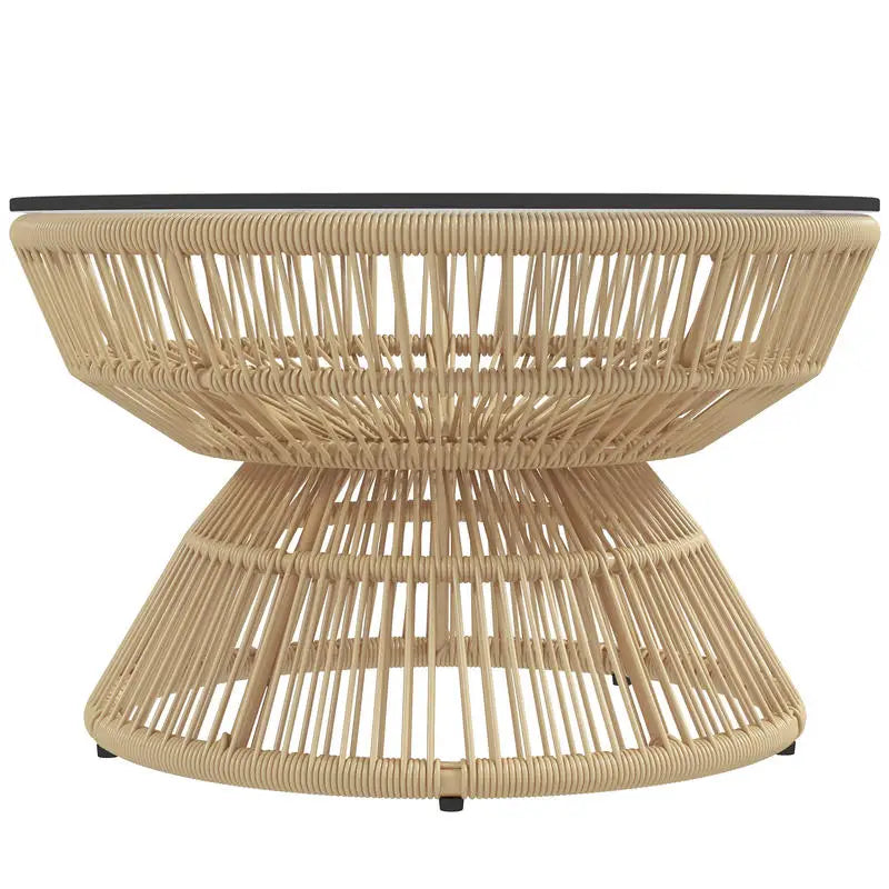 Table basse ronde en bois avec plateau verre trempé rotin synthétique