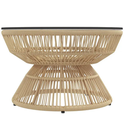 Table basse ronde en bois avec plateau verre trempé rotin synthétique