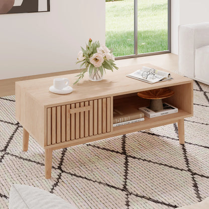 Table basse bois clair avec tiroir et compartiment ouvert
