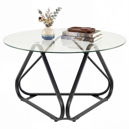 Table basse ronde en bois avec plateau verre trempé piètement métal noir 80 cm