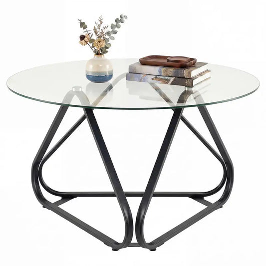 Table basse ronde en bois avec plateau verre trempé piètement métal noir 80 cm
