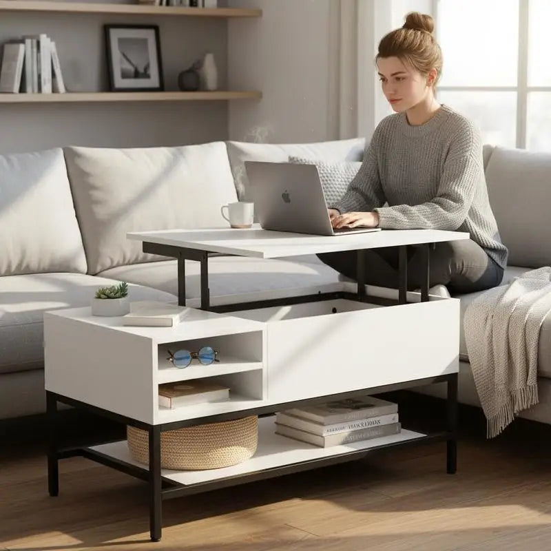 Table basse blanche et en bois avec plateau relevable et rangement caché