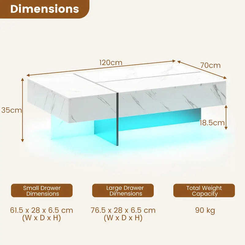 Table basse blanche et en bois d'ingénierie avec éclairage LED et 3 tiroirs 120x70 cm