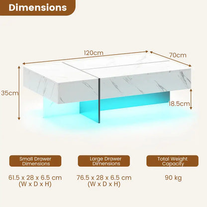 Table basse blanche et en bois d'ingénierie avec éclairage LED et 3 tiroirs 120x70 cm