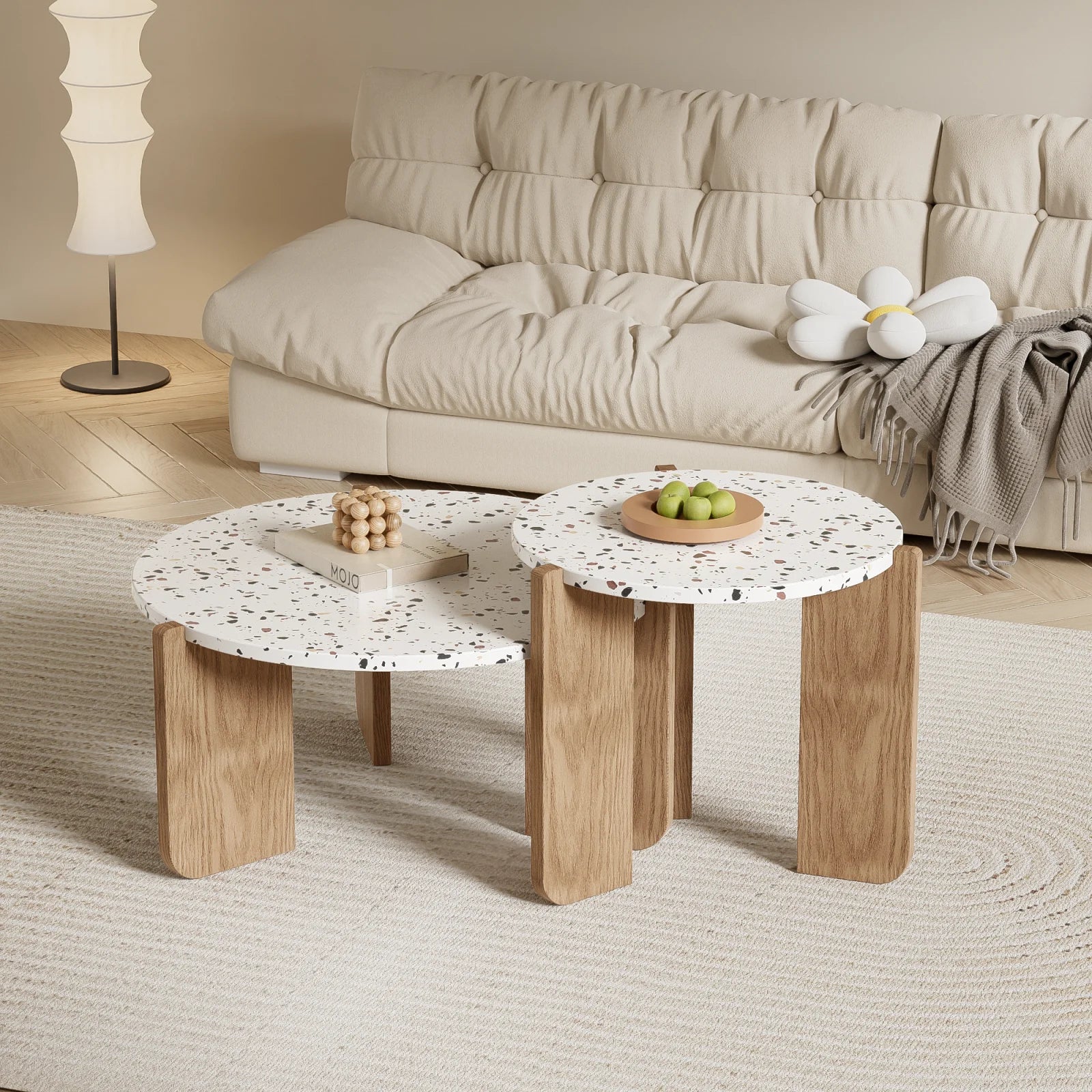 Table basse ronde en bois MDF blanc et bois 70x70x35 + 50x50x45,5 cm