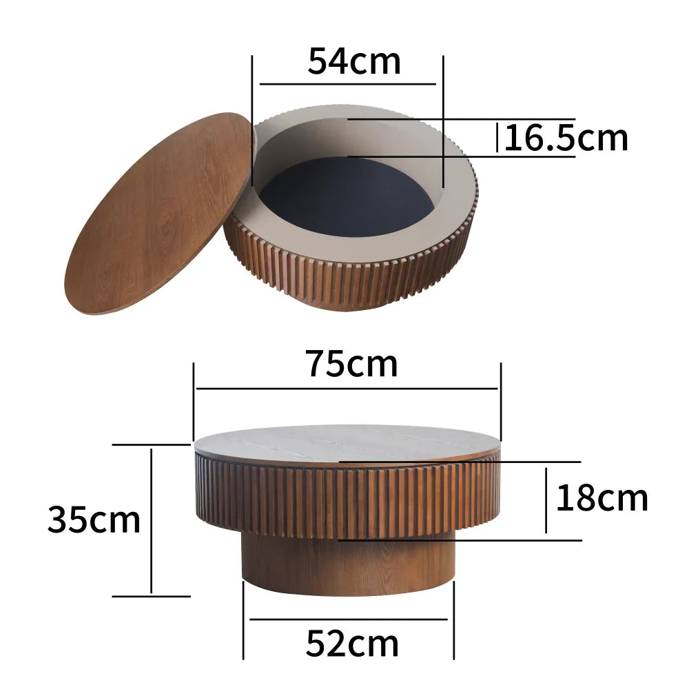 Table basse en bois massif ronde 75 cm avec rangement