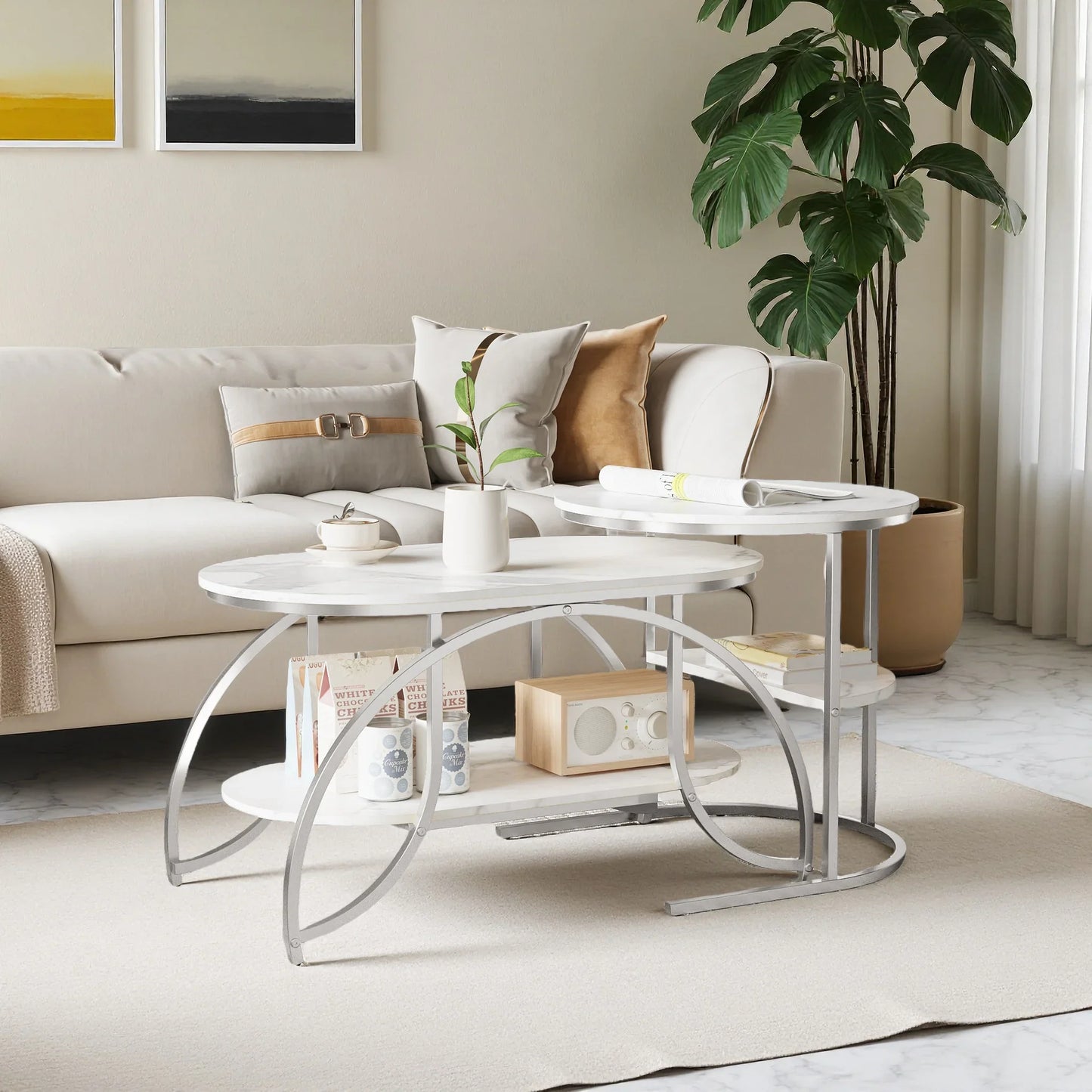Table basse blanche et en bois 2 pièces gigognes 80x46x45 + 52x52x51 cm