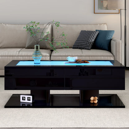 Table basse en bois et noir rectangulaire avec LED et rangement, plateau en verre trempé