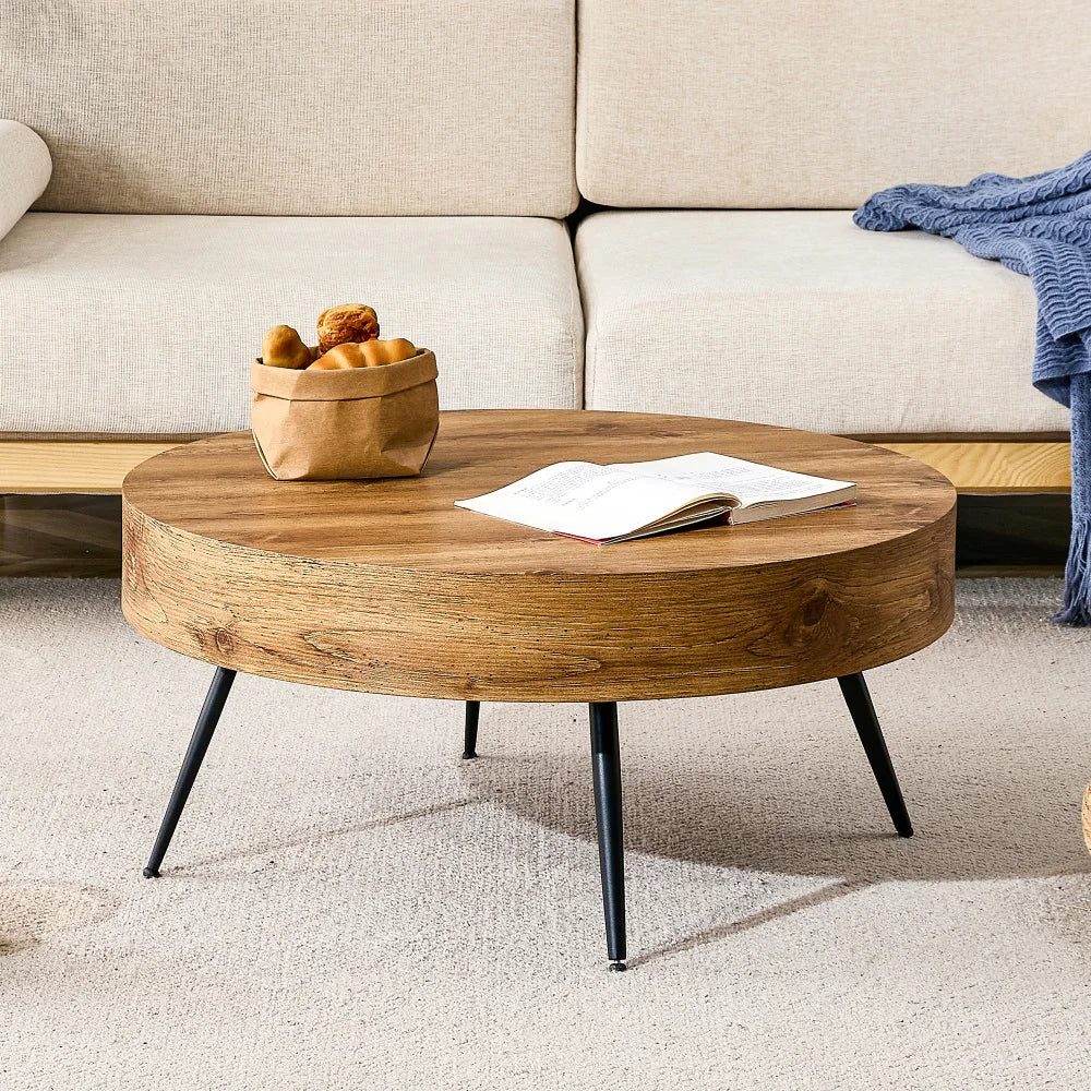 Table basse bois clair rond 70 cm pieds métal noir