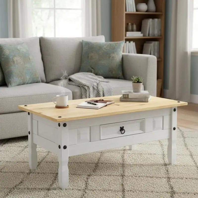 Table basse blanche et en bois de pin massif 100x55x44 cm
