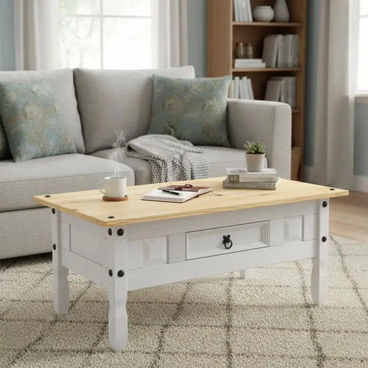Table basse blanche et en bois de pin massif 100x55x44 cm